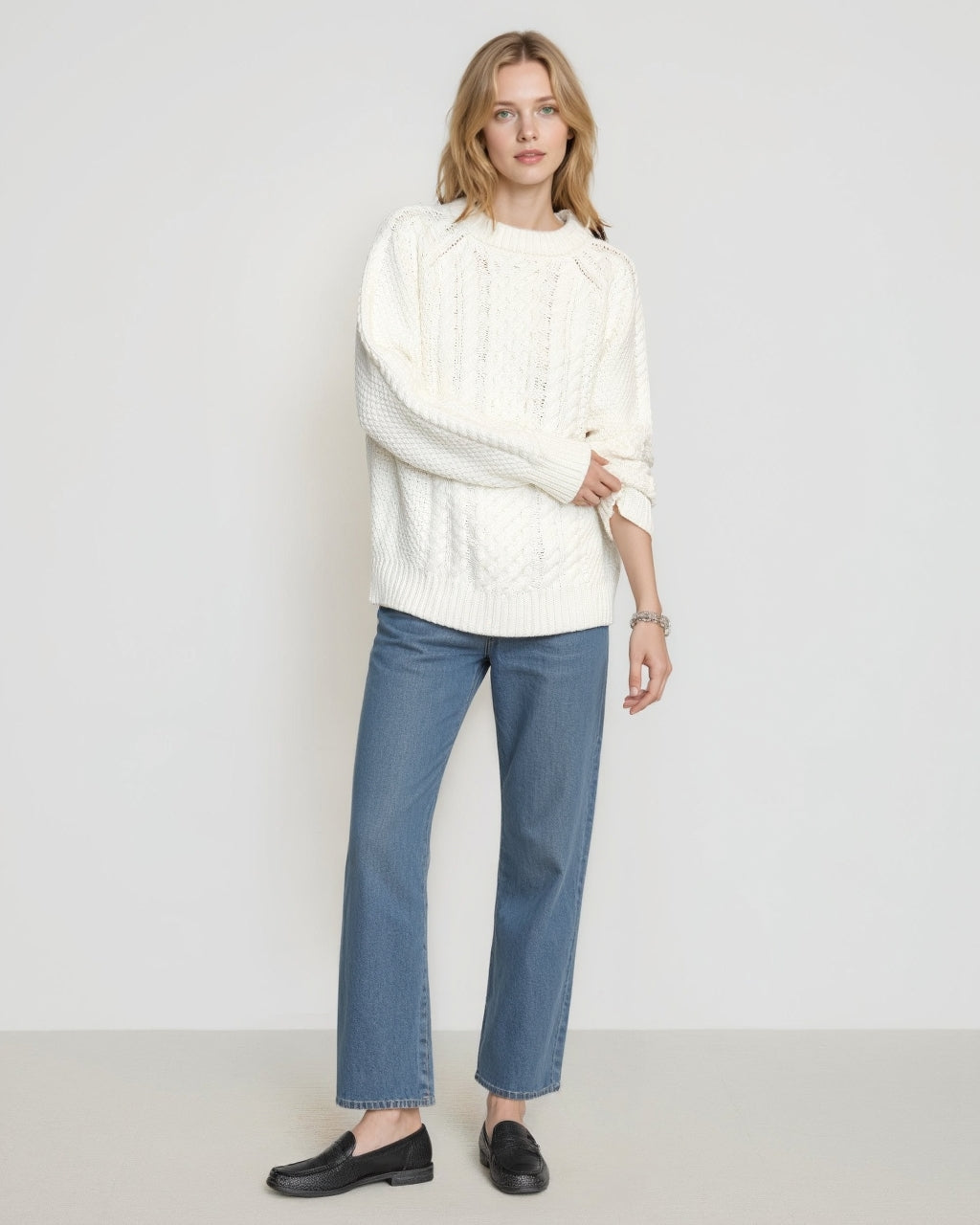 Relaxed Cable-Knit Crew Sweater